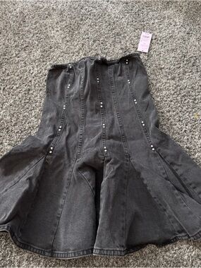 Black denim strapless dress with diamond studs